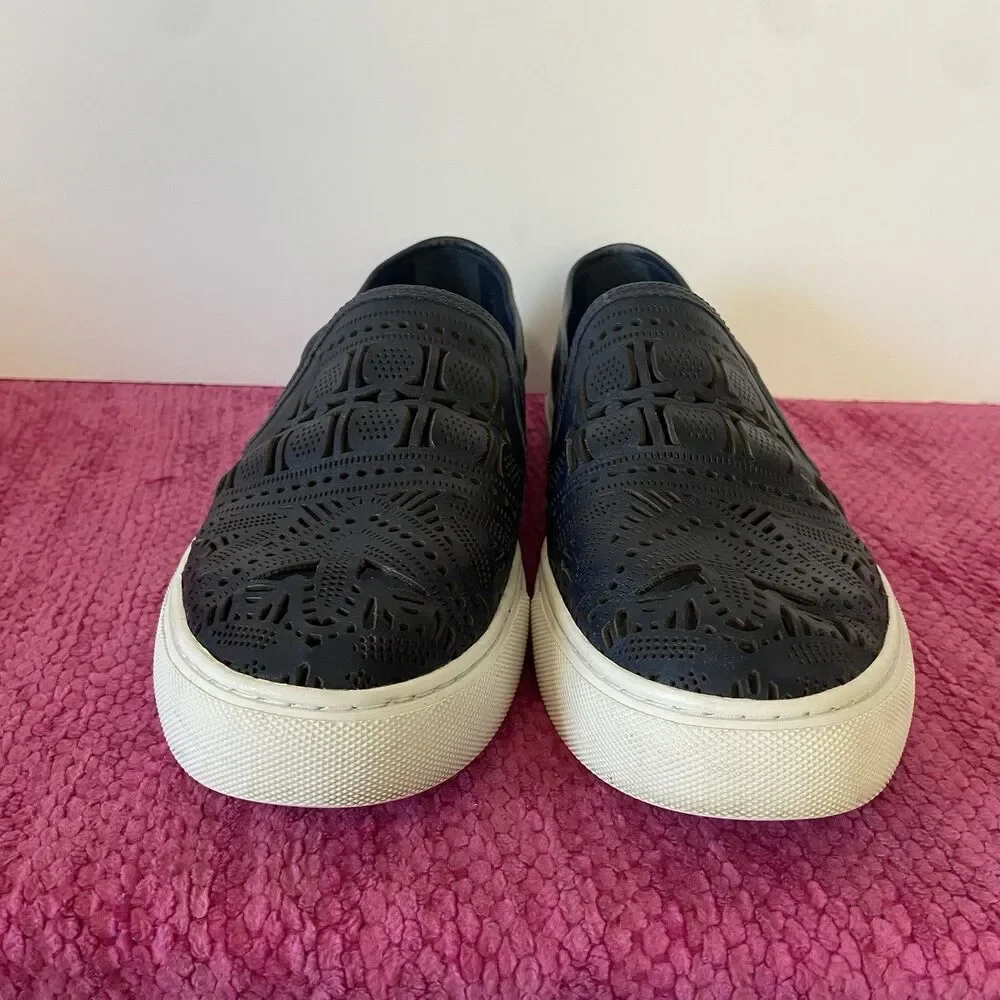Tory Burch Lennon Slip On Leather Sneakers Laser Perforated Navy Blue Size 8.5M